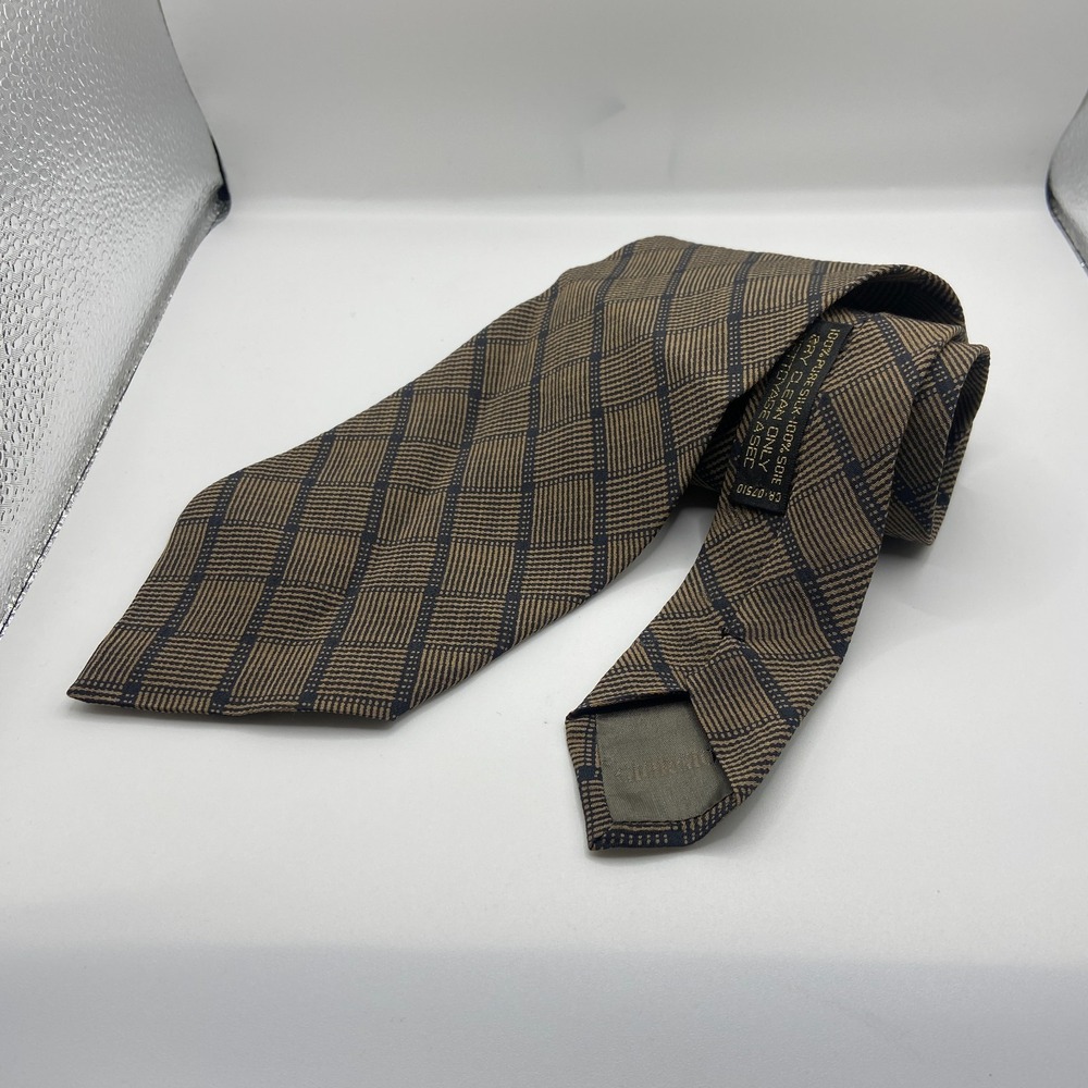 Giorgio Armani Mens Black Brown Checked Silk Adjustable Formal Pointed Neck Tie